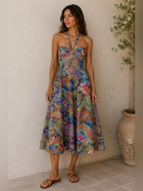 Caroline Constas Butterfly Print Halter Midi Dress | Size Small | 100% Cotton